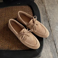 Women Pumps Low Heels Round Toe Lace Up Sheep Suede Quality Shoes Woman Retro Lace-Up Office Lady Working Spring Summer 2025 New 1