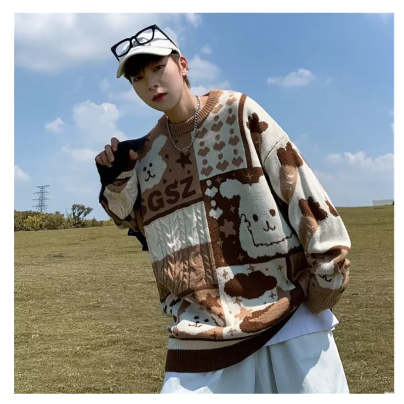 2023 New Fashion Brand Cartoon Round Neck Knit Men's Vintage Street Loose Couple Versatile Fashion Winter Casual Sweater K0020
