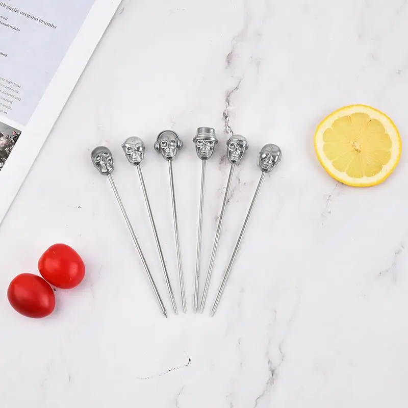 Cocktail Skewers 6pcs Cocktail Picks Skull Cocktail Picks Martini Stainless Steel Reusable Olive Garnish Skewer Silver Fruit
