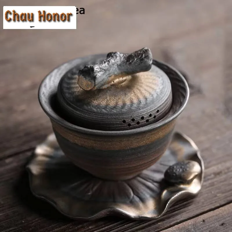 Vintage Rust Glaze Lotus Ceramic Gaiwan Retro Tea Tureen Tea Bowl with Lid Kit Tea Making Cover Bowl Drinkware Accessories Gift