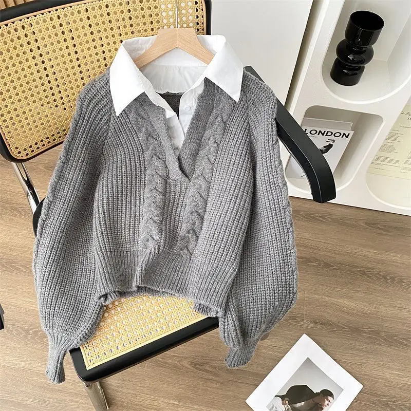 Diseño retro perezoso japonés con dos suéteres falsos para ropa de mujer de otoño e invierno
