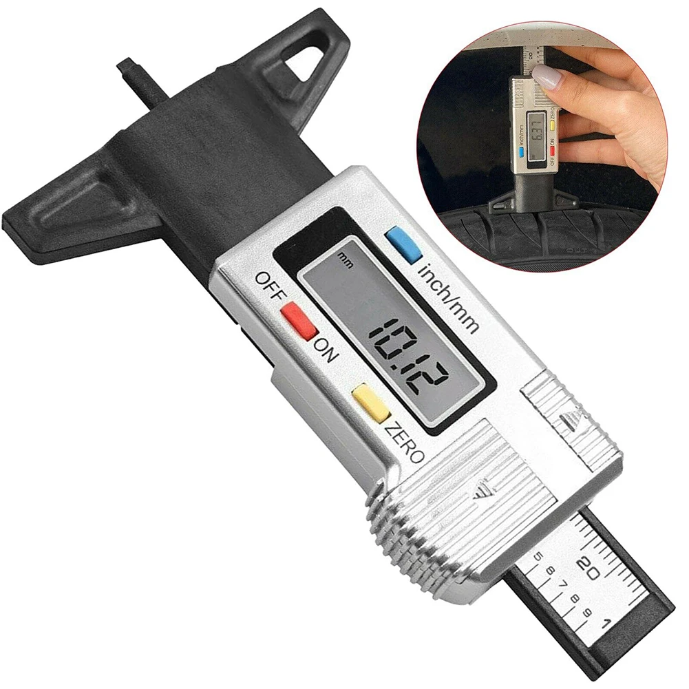 

1x Silver Tire Tyre Depth Gauge Tread Motorbike Car Truck Digital Tester Brake Shoe Pad 0-25mm Electronic Digital Display