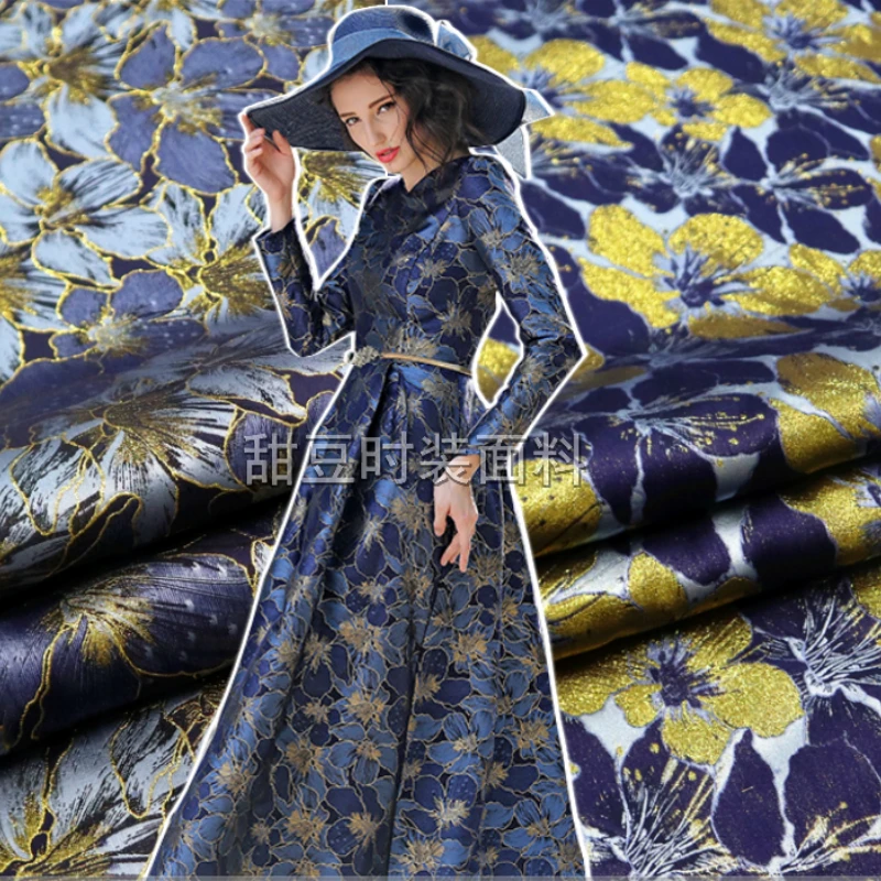 

Gold Silk Yarn Dyed Jacquard Fabric Spring Autumn Winter Dress Windbreaker Fashion European Brand Design Sewing Cloth by Meter