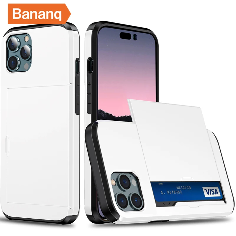 thumbnail image 1 of Bananq - Funda para teléfono con ranura para tarjetas deslizante para iPhone 16, 15, 14 Plus, 13, 12 Mini, 11 Pro Max, a prueba de golpes, tipo billetera y tarjetero, 1 of 5