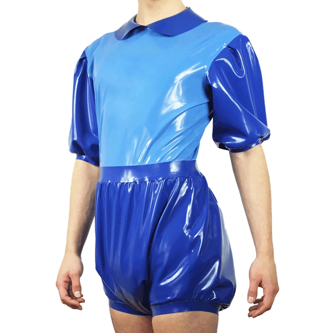 

Handmade Sexy Latex Top Shirt and Shorts One Set with Puff Sleeves Rubber Fetish Coplay Party Clothing S-LSW044