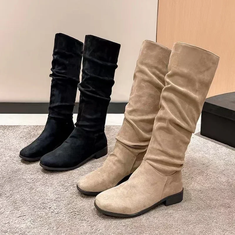 【INCHANT ME】Suede Shirring Fold Long Boots Pleated Boots Women Faux Suede Flock Knee High Boots 2024
