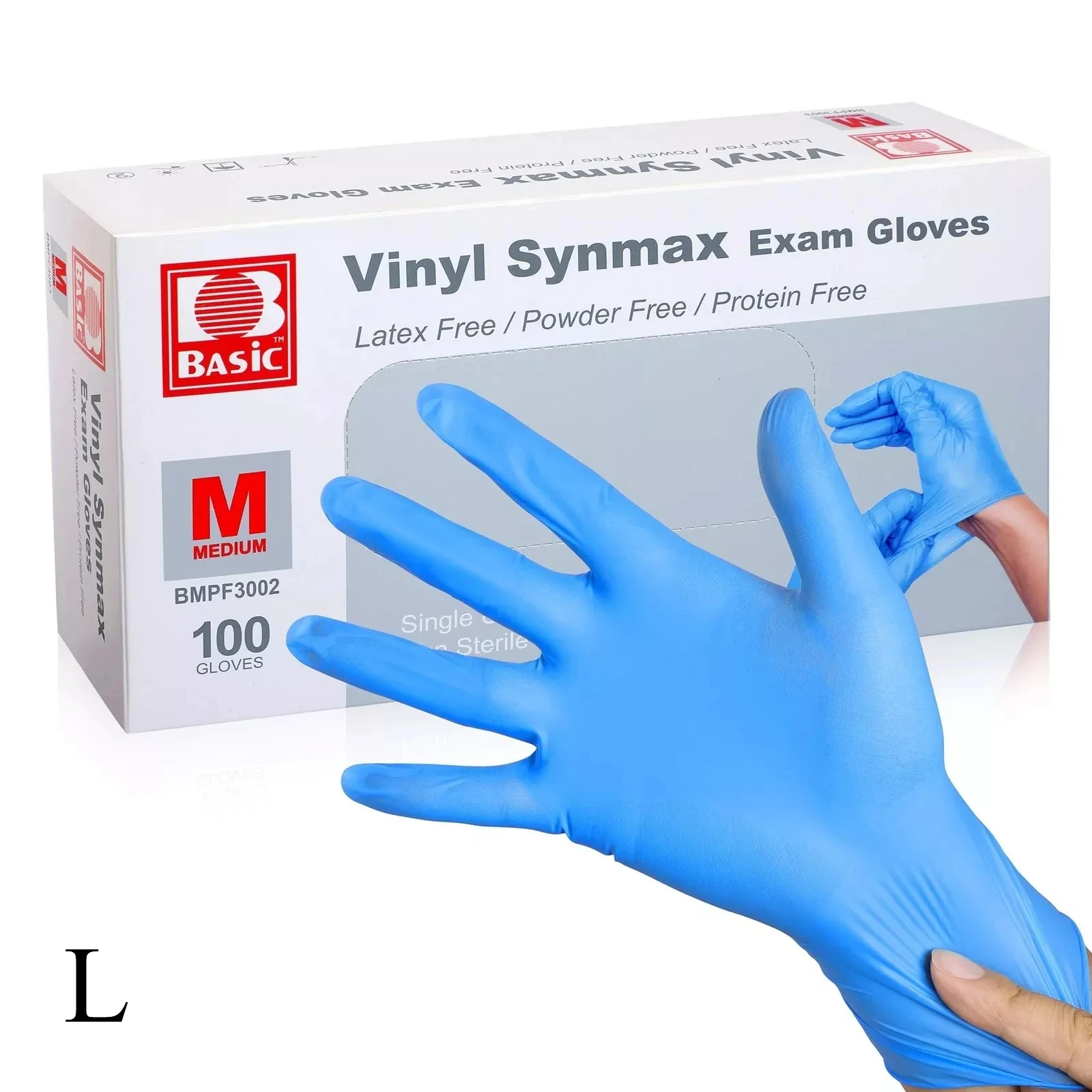 Mains portant des gants jetables vinyle sans latex, en situation d'utilisation pour un soin ou une manipulation.