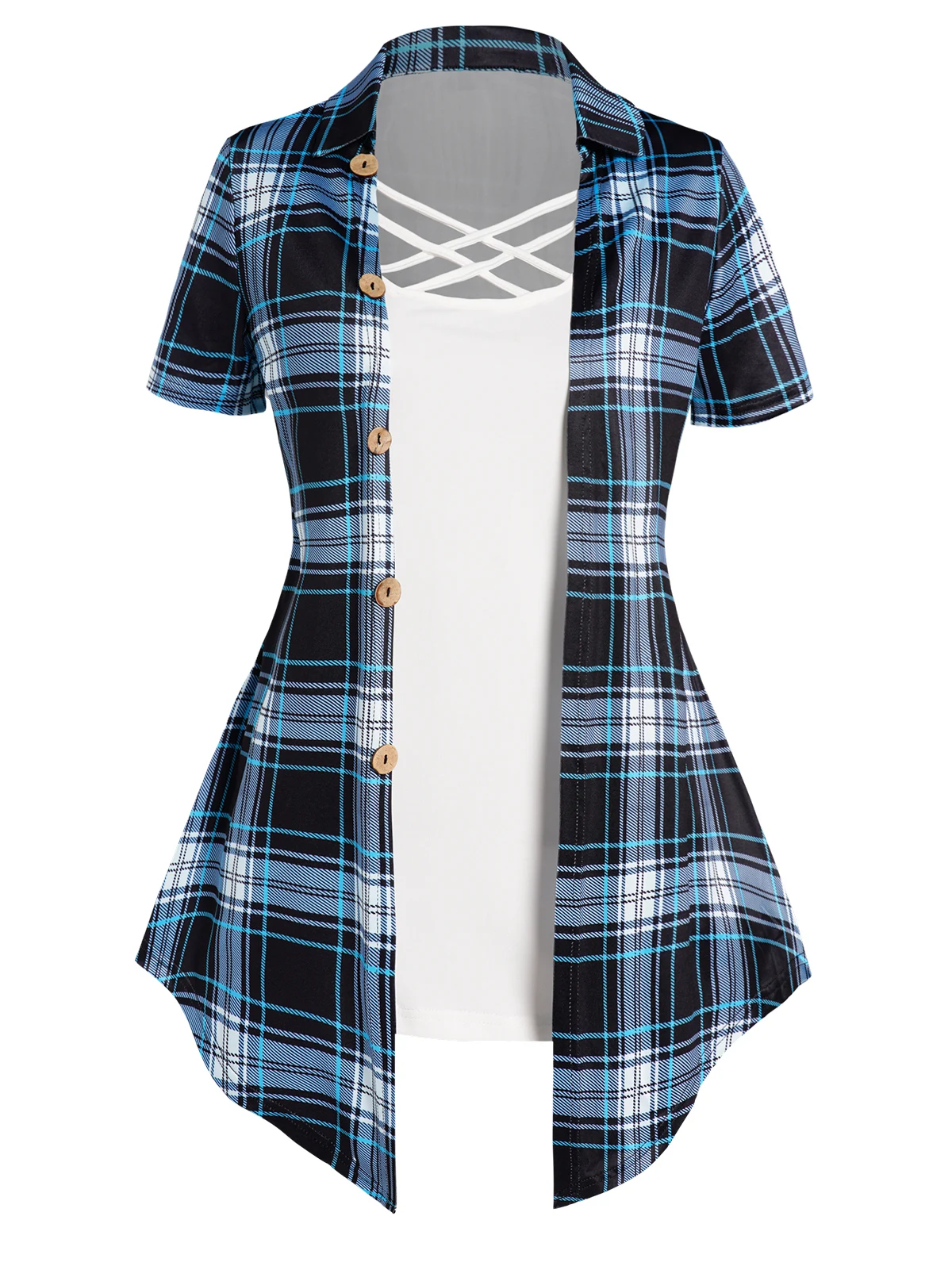 Vintage Plaid Print Crisscross Pointed Hem Faux Twinset T Shirt Women  Fashion Casual Retro Combo Twofer 2 In 1 Tees