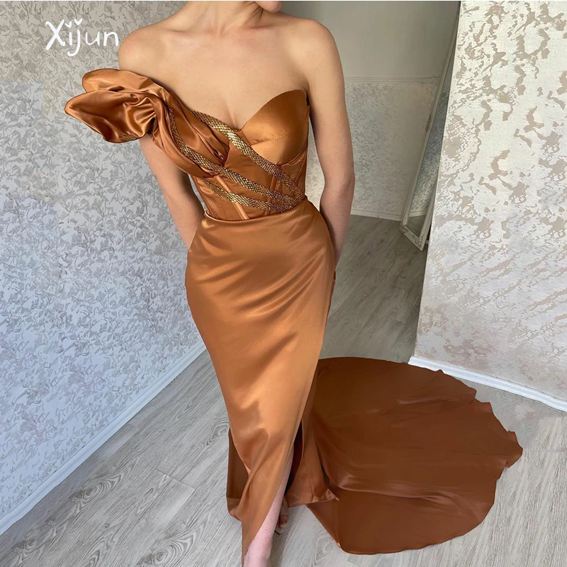 

Xijun Elegent Champagne Mermaid Evening Gowns Beading One Shoulder Puff Prom Dresses Saudi Arabia Party Dress Robe De Soiree