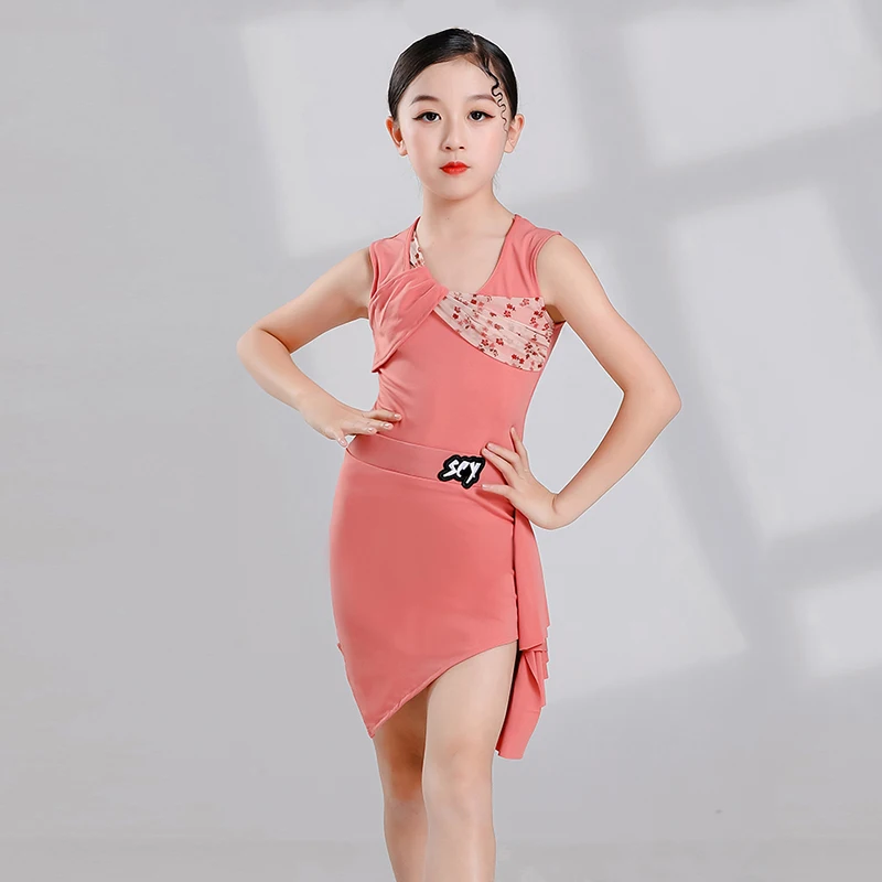 

Girls Pink Latin Dance Costume Summer Practice Wear ChaCha Dancing Clothes Sleeveless Bodysuit Skirt Latin Dance Dress VDB6524