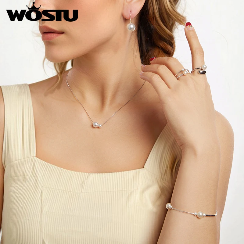 WOSTU 925 Sterling Silver Double Pearl pendant Necklaces Drop Earrings Pearl Opening Ring Bracelet Wedding Set Mother's Day Gift 2