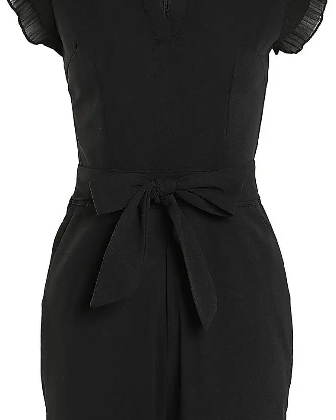 Women's Chic Fashion Jumpsuit 2024 Spring Summer Latest V-Neck Flutter Sleeve Pocket Design Romper Zipper with Belt Bodysuit