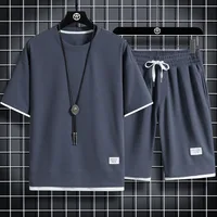 Printed Short Sleeved Top Shorts Two Piece Set Men Waffle Casual Suit Summer Breathable And Comfortable.jpg