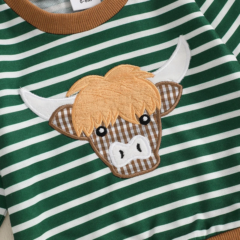 Embroidered Cow Top & Striped Pants Set 5