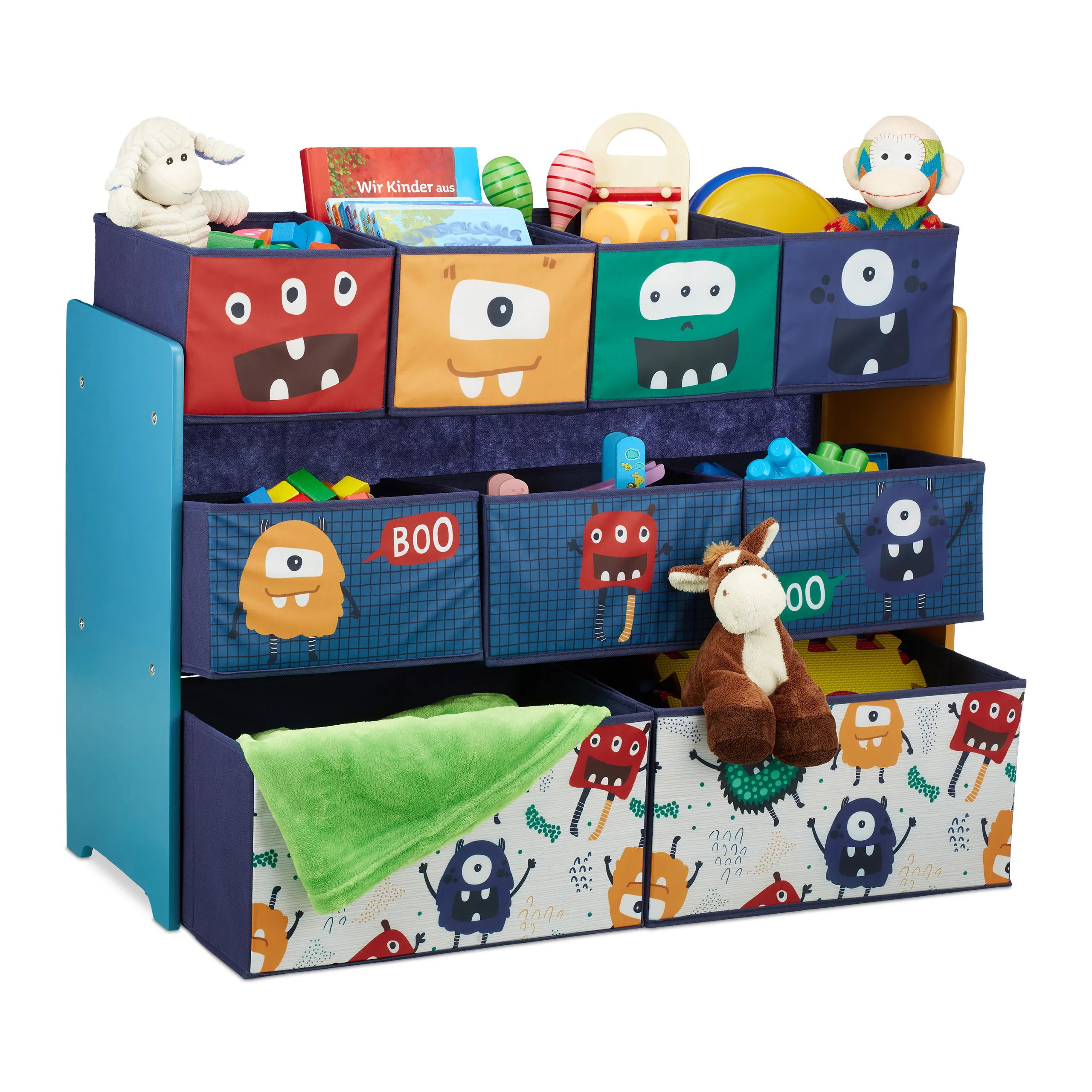 Étagère enfant, 9 boîtes en tissu, motif monstres, pour jouets en chambre d’enfant, pliables, MDF et acier, multicolore, 70 x 92,5 x 30 cm, Relaxdays 1