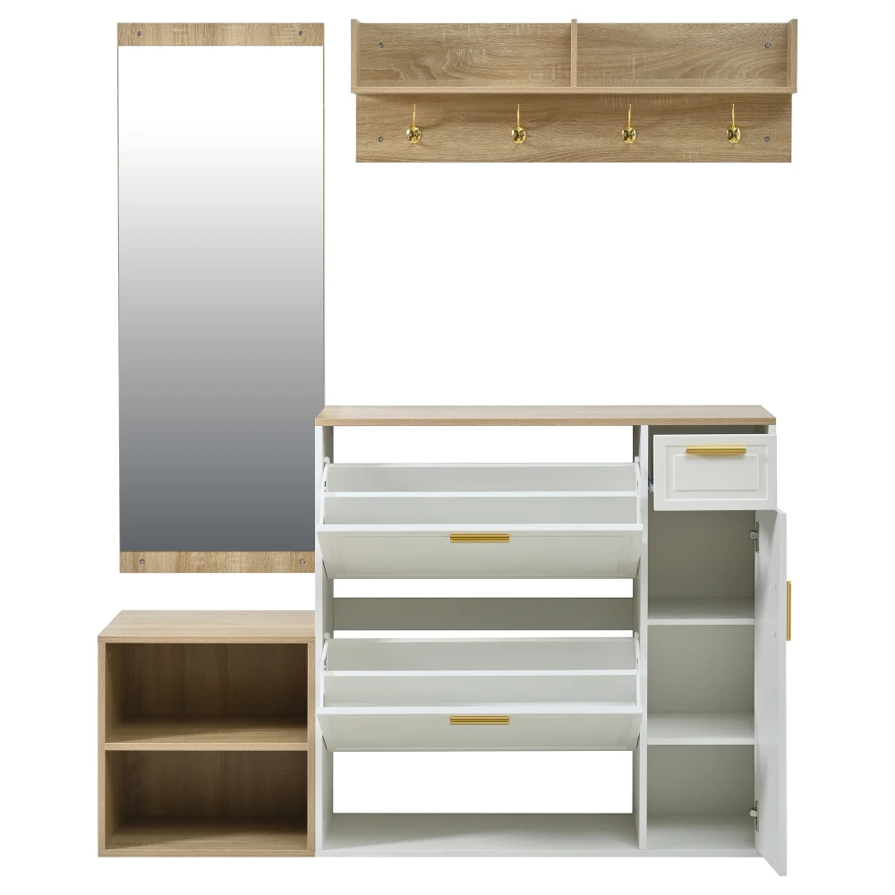 4-teiliges Komplettes Flur-Möbelset, Eingangsbereich-Aufbewahrungskombination mit Schuhschrank, Bank, Wandschrank & Spiegel – Detail 23