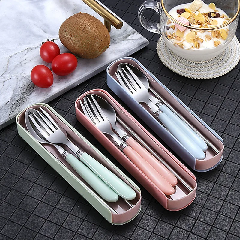 2/3PCS Spoon Fork Chopstick Cutlery Portable Dinnerware Kit Lunch Tableware With Box Set 401 Stainless Steel Kitchen Accessories