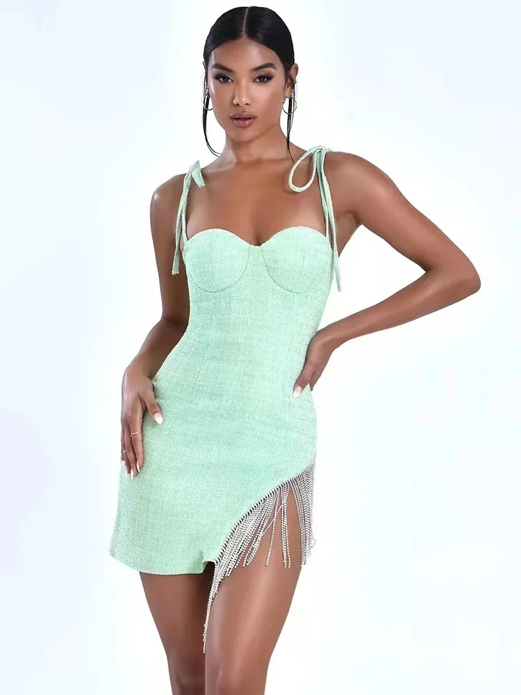 

Autumn Sexy Female Color Sleeveless Lace Up Strap Slim Bodycon Mini Bandage Dress Design Diamond Strip Nightclub Party Dress