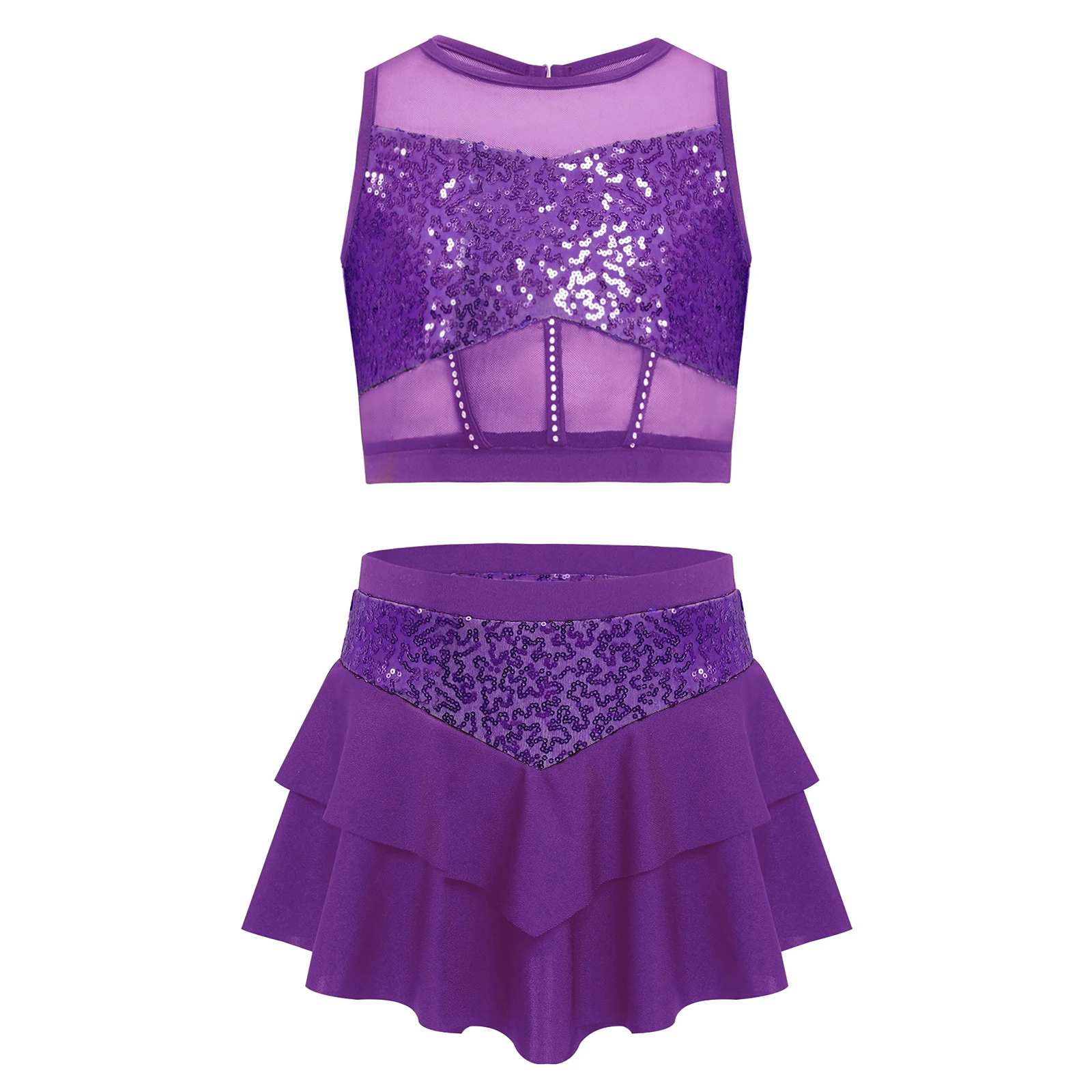 Kinder Mädchen Glänzende Pailletten Cheerleading-Uniform Cheerleader Ballett Jazz Tanz Performance-Kostüm Crop-Top mit Stufenrock für – Detail 22