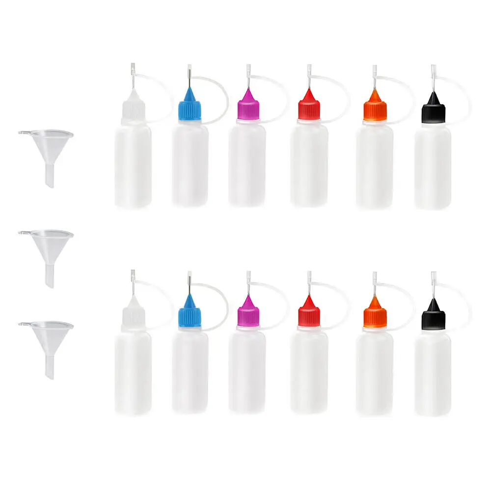 12PCS 10ML Re-fillable Glue Empty Dispensing Bottle W/ Metal Nozzle 3PC Funnel
