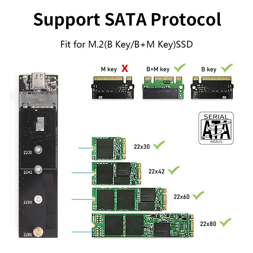 TISHRIC SSD M2 어댑터 외장 하드 드라이브 케이스, SATA 프로토콜, HD M-키 하드 디스크 인클로저 박스, M.2 SSD용 USB-C 타입 케이블