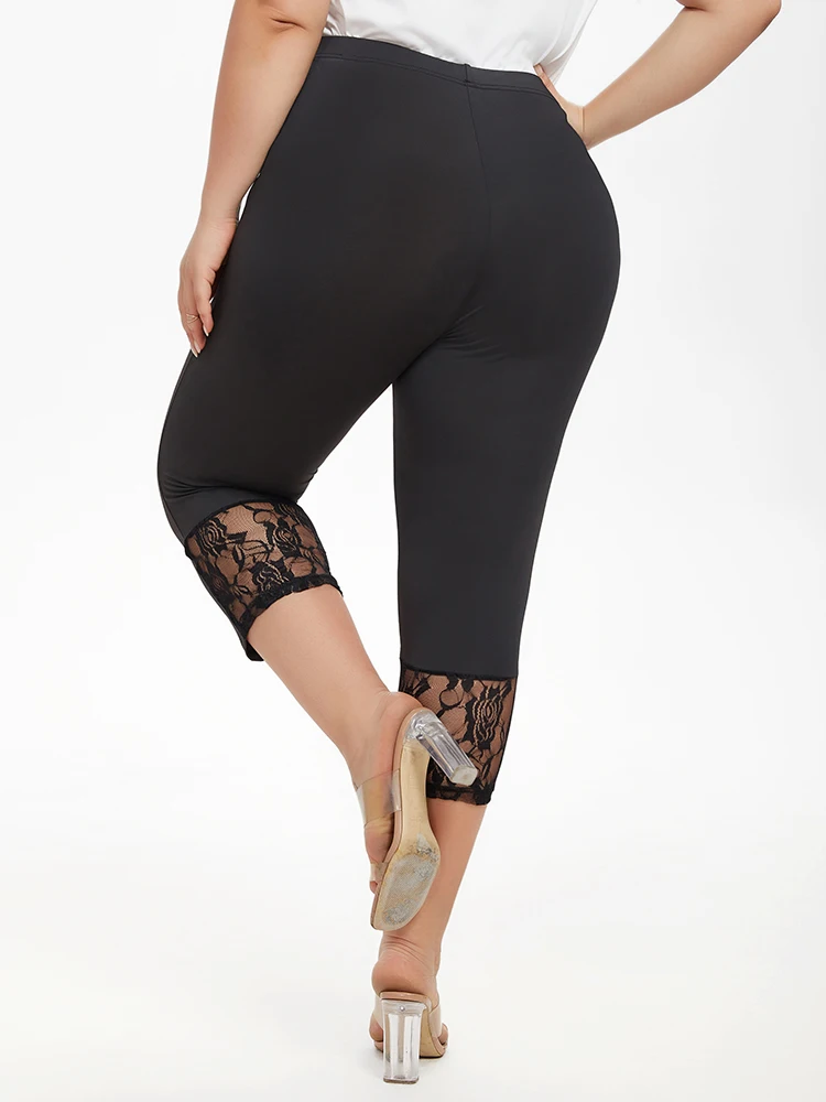 Plus Sized Clothing Pants Spring Contrast Lace  Elastic Waist Capri Skinny Leggings Casual Slim Stretch Plain Daily Streetwear