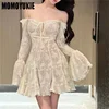 Women Lace Dress 2024 Spring Autumn French Style New Elegant Square Collar Long Sleeve Reduce The Waist Slip Dresses Sexy Skirt 1