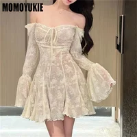 Women Lace Dress 2024 Spring Autumn French Style New Elegant Square Collar Long Sleeve Reduce The Waist Slip Dresses Sexy Skirt 1