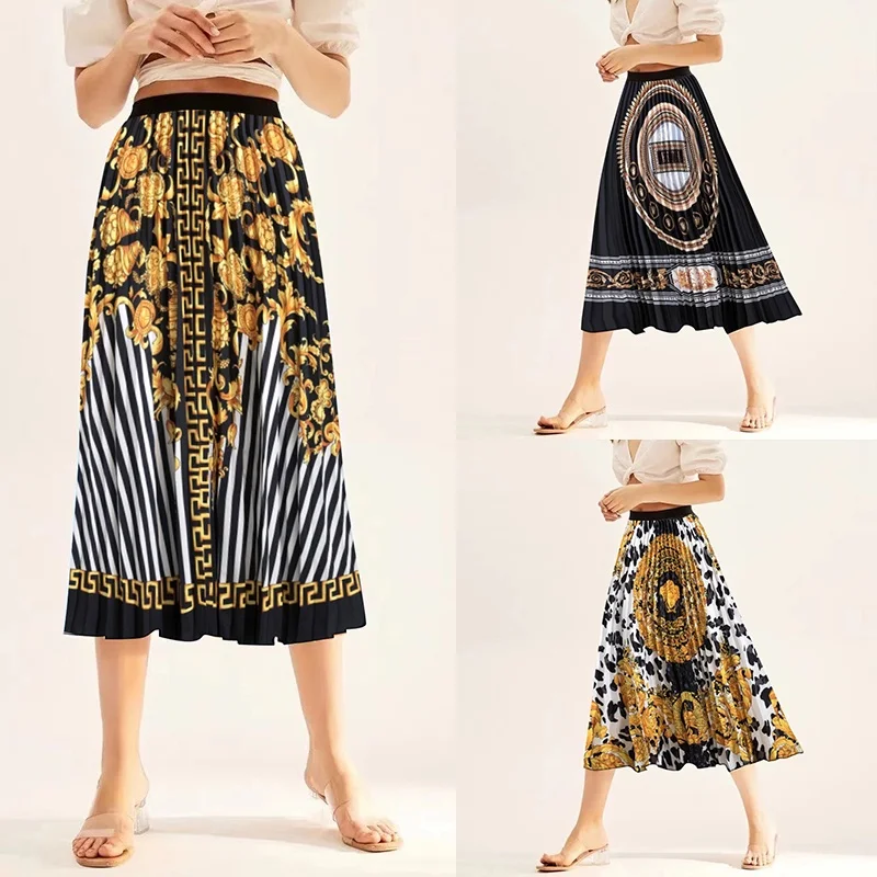 

New retro printed skirt, casual mid length Court pattern pleated skirt