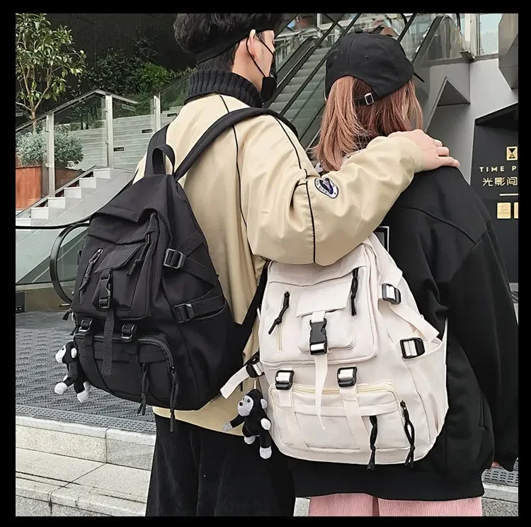 Preppy Style Black Backpack Unisex Women Men Backpack Nylon Waterproof Multi-Pocket Design Mochilas Teenagers Shoulder Bag