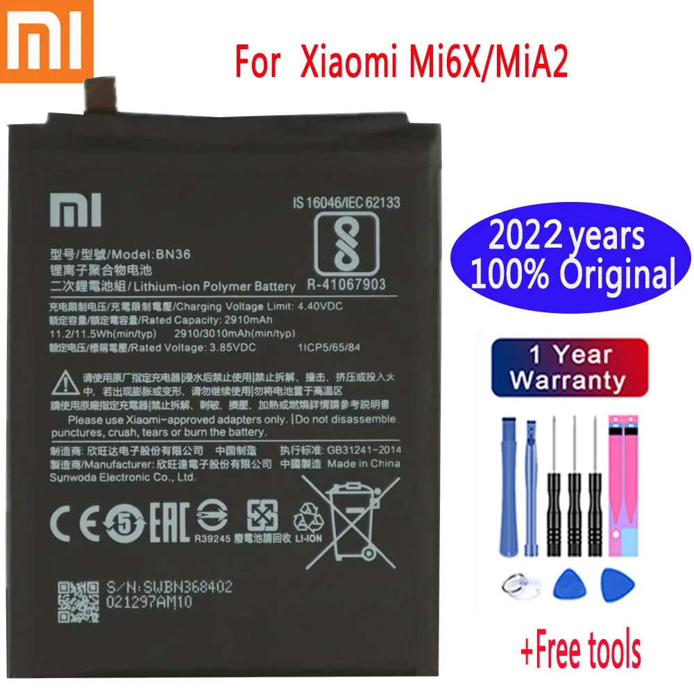 

2022 Years 100% Original Battery 3000mAh BN36 For Xiaomi Mi 6X A2 Mi6X MiA2 Mobile Phone Battery + Tools