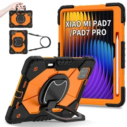 Colorful Kids Tablet Cover with Strap - Durable TPU Silicone+PC Protection for Xiaomi Pad 7 2024 (Black and orange)