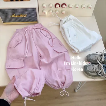 Children Girl Cargo Pants Spring Autumn Korean Elastic Waist Pockets Versatile Cool Cotton Little Girl Pants Kid Baby Girl Pants