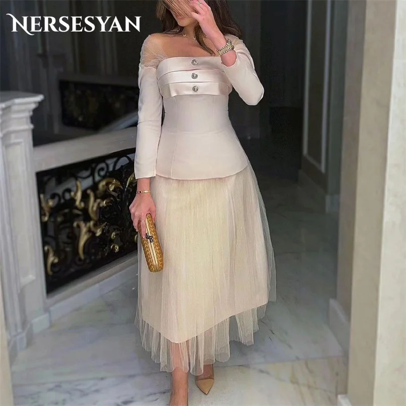 

Nersesyan Elegant Long Sleeves Formal Evening Dresses Tulle Off Shoulder Pleats Homecoming Prom Gowns A Line Draped Party Gown