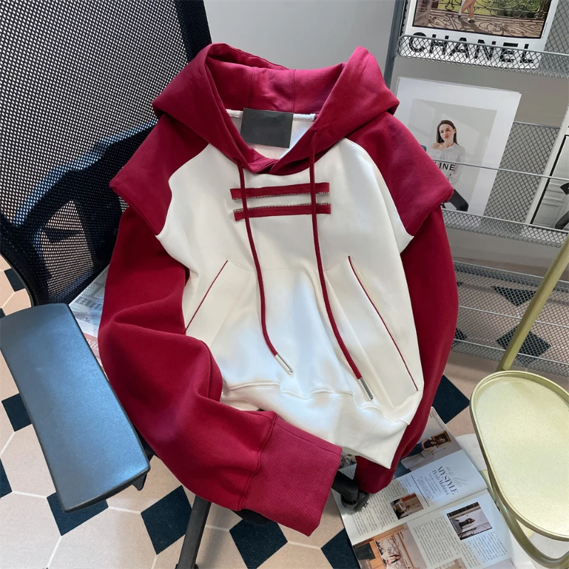 

Women's Contrast Color Patchwork Hooded Sweatshirts American Vintage Raglan Sleeve Hoodies Drawstring Oversized Pullovers