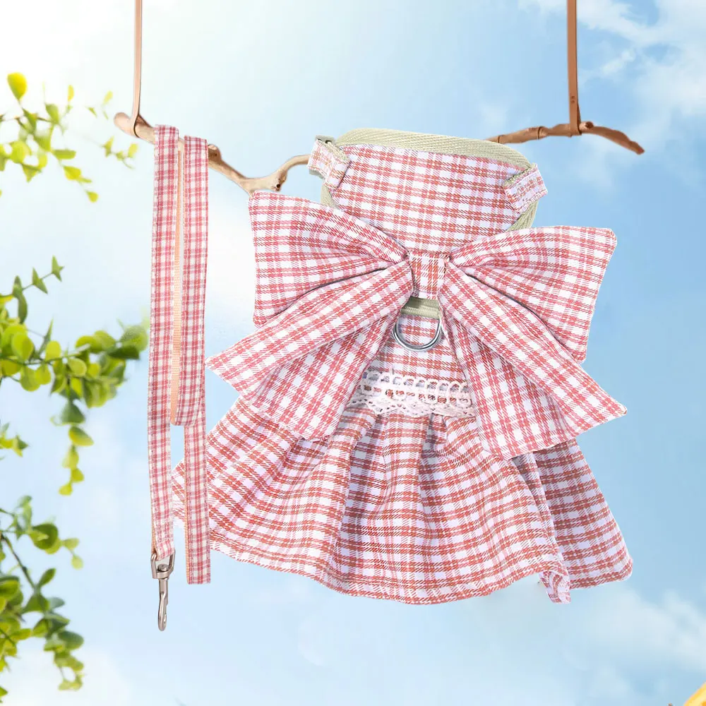 

Fashion Dog Cat Harness And Leash Set Adjustable Pet Dress Vest Plaid Bowtie Pink Dresses Harness For Small Medium Dogs Bowknot
