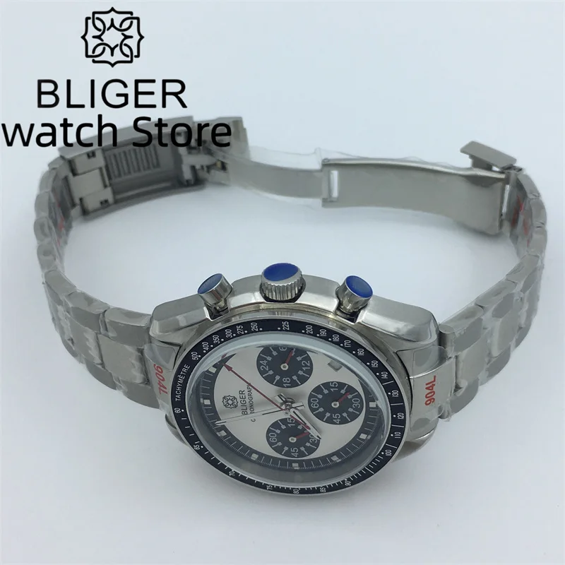 Bliger40mm quartz multifunctional men's watch Steel bracelet Sapphire Glass VK63 Movement green luminous dial