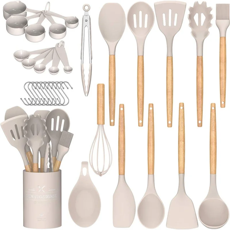 Silicone Cooking Cutlery Set 34 Pieces Non-Stick Heat Resistant Kitchen  Utensils Scraper Set with Wooden Handles Baking Cook
