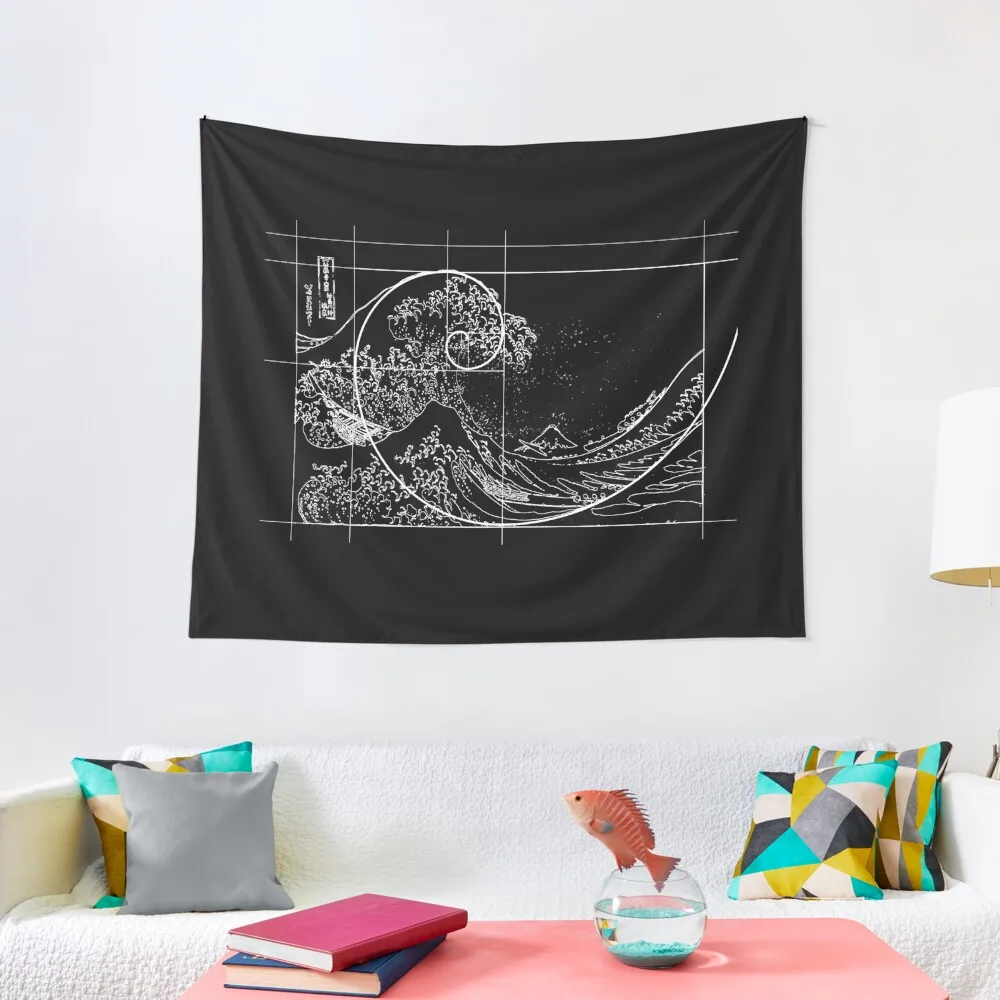

Hokusai Meets Fibonacci, Golden Ratio, White Line Tapestry Nordic Home Decor Wall Hanging Room Aesthetic Tapestry