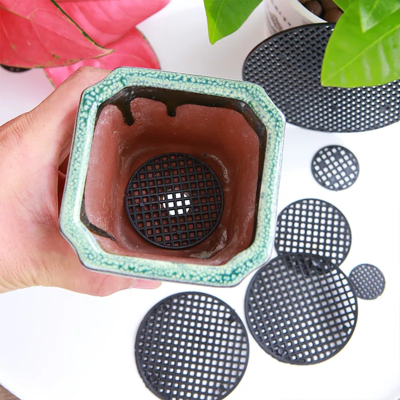 Plant Pot Drainage Mat 100 Piece Pot Hole Screen Mat Round Drainage Bottom Grid Pad to prevent soil loss Plant Ventilation Gasket Gardening Supplies