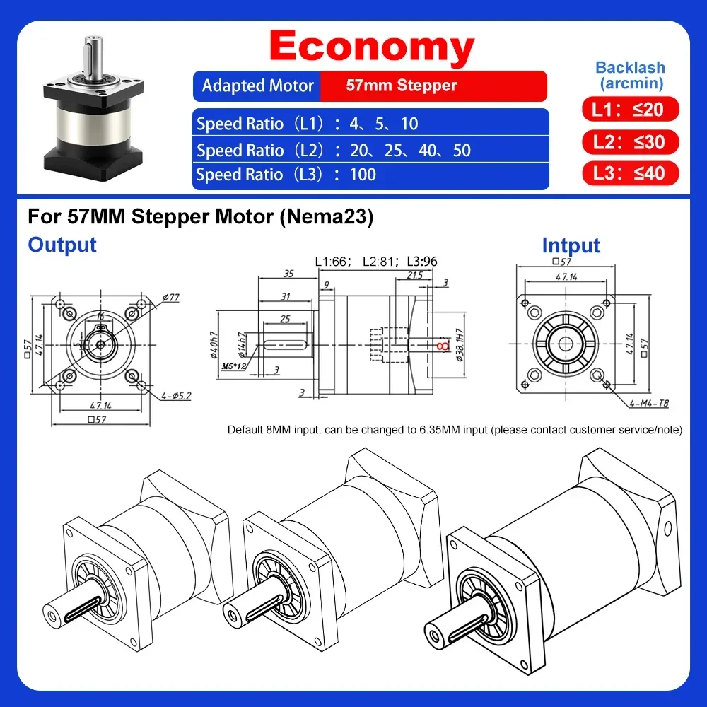 유성 기어박스 감속 기어박스 6.35/8mm 입력 감속기 Nema 23 57MM 스테퍼 모터 60MM 서보 모터용 고 토크