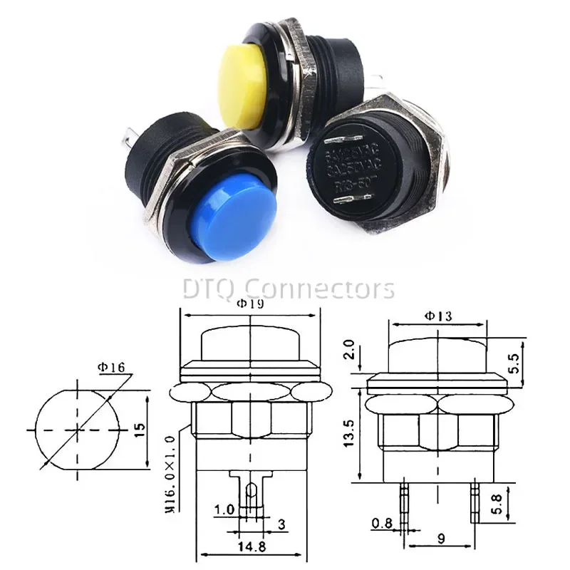6pcs 순간 푸시 버튼 스위치 16mm 순간 6A 125VAC 3A 250VAC 원형 스위치 R13-507 검정색 빨간색 초록색 흰색 파란색 노란색