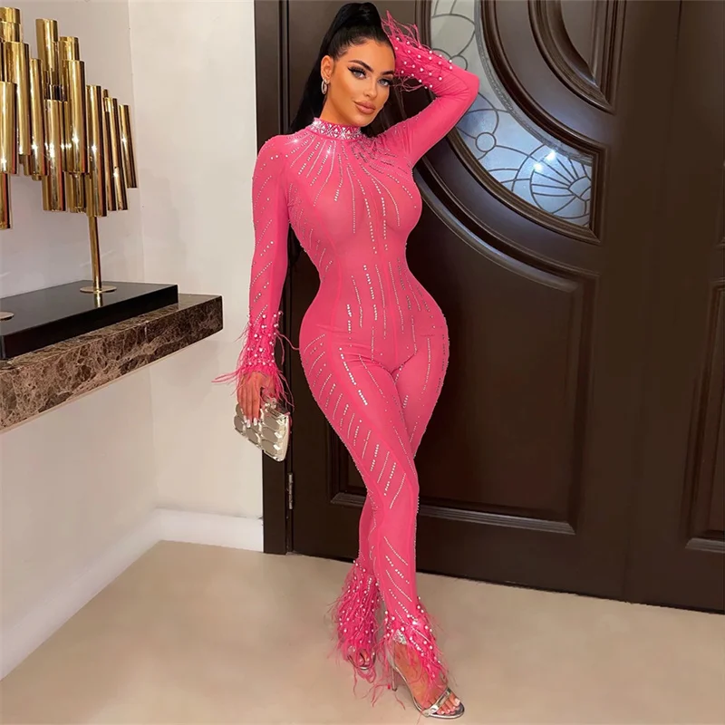 

Luxury Sparkly Crystal Rhinestone Jumpsuits for Women Party Night Mesh See-through One Pieces Overalls Elegant Sexy Club Romper