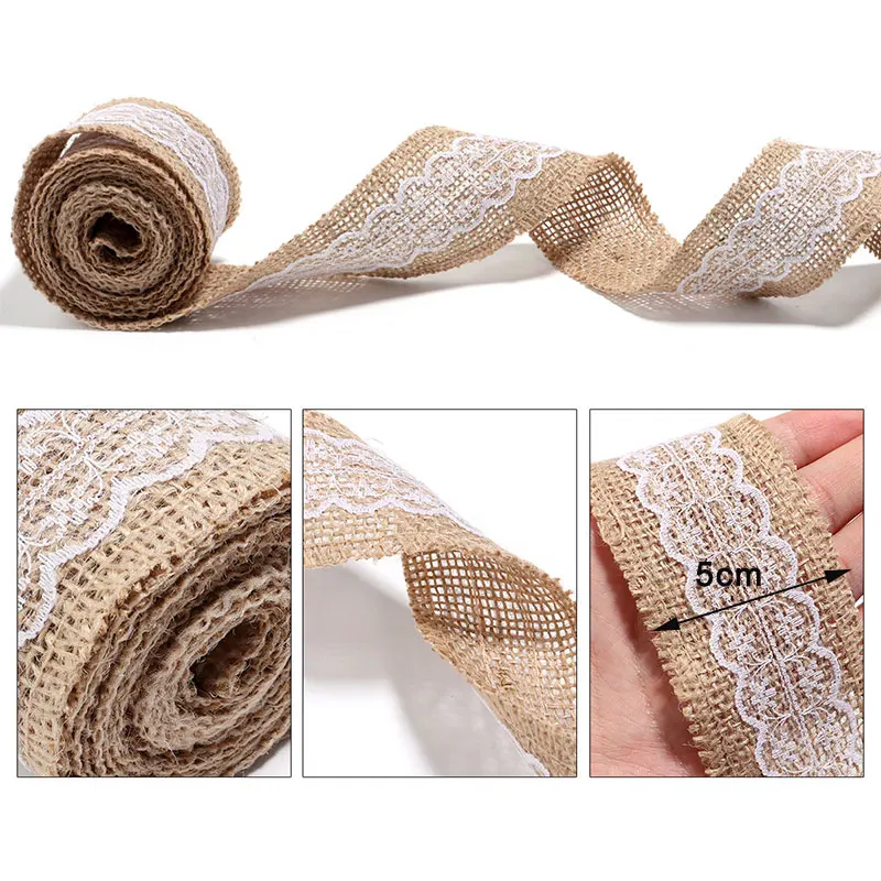 AK TRADING CO. 2.5\" Wide X 10 Yards Long Natural Burlap Craft Ribbon With Lace (Jute Ribbon, Burlap Tape, Rustic Decor) With Pink Lace