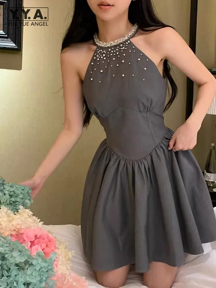 

Fashion Party Ladies Off Shoulder High Waist Dress Pearl Crystal Beads O-Neck Summer Women A-Line Short Dress Sweet Tank Dress