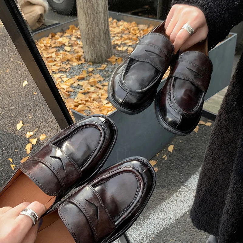 

2023 British Style Women Patent Leather Penny Loafers Round Toe Slip on Leisure Oxford Shoes for Women Soft Leather Flat Shoes