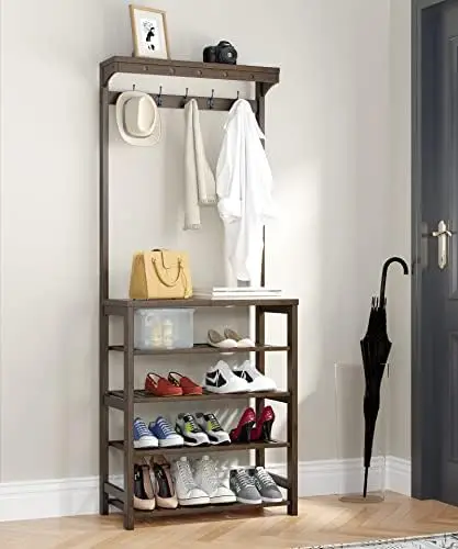 

5-Tier Coat and Shoe for Entryway Organizer, Freestanding Hall Tree, Mudroom Storage Organization Furniture, 5 Hanger Hooks, Up