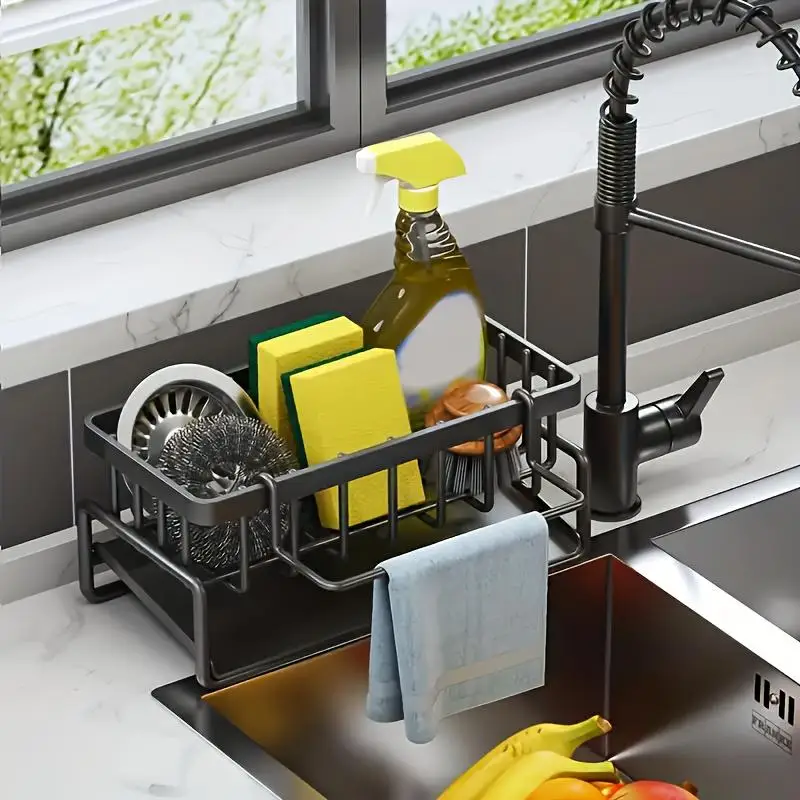 Kitchen Sink Sponge Rack 304 Stainless Steel, Self-Draining Organizer for Dish Brush/Soap/Scrub Storage, Bathroom Countertop Ho
