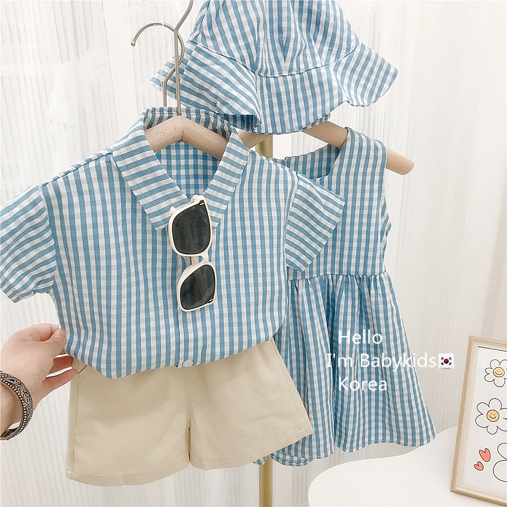 

Korean 2024 Summer Toddler Sibling Attire Fisherman's Hat Plaid Baby Girl Sundress Suits T-shirt Solid Shorts Infant Boy Outfits