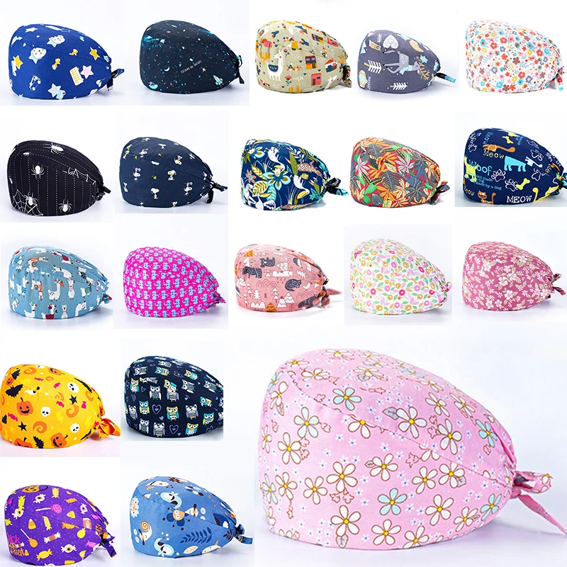 Medical Scrub Hats Breathable Cartoon Printing Adjustable Women Cap Sweatband Surgery Hat Men Nurse Hair Cap Uniform Accessories